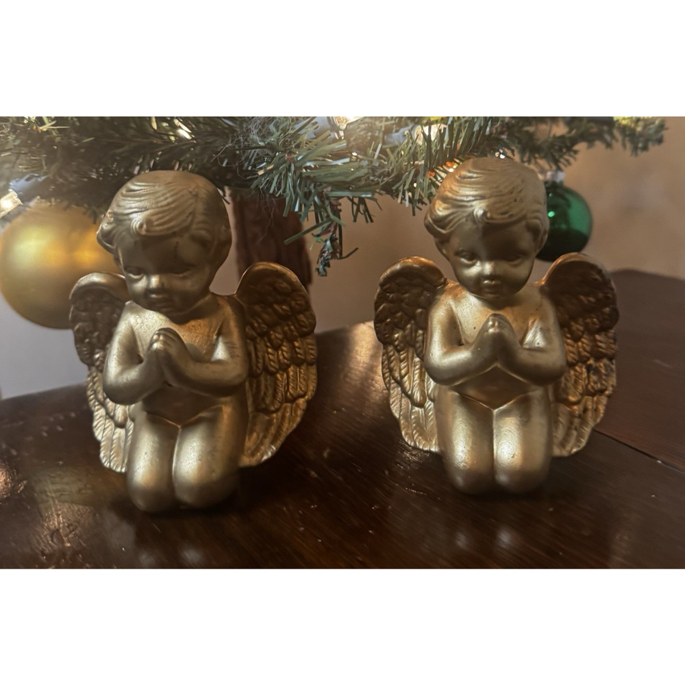 Vintage Angel Praying Gold Tone 2 Cherubs Made Taiwan 4.5" Figurine Shelf Sitter